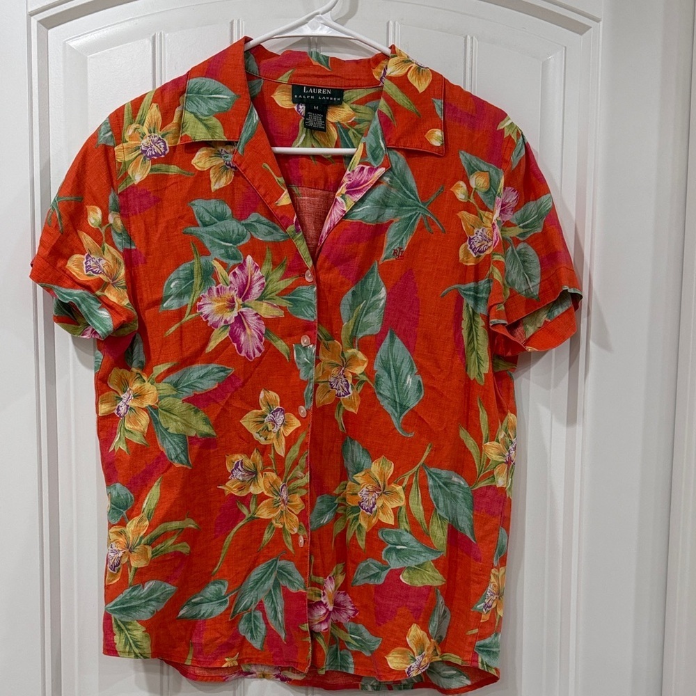 EUC VINTAGE Lauren Ralph Lauren Orange Floral Short-Sleeve Linen Shirt